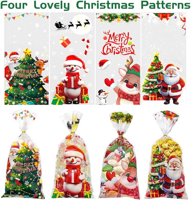 QOIUSO 120 Pcs Christmas Treat Bags with 135 Gold Twist Ties – 4 Styles Clear Cellophane Holiday Gift Bags for Candy, Cookies, Goodies & Party Favors - Image 4